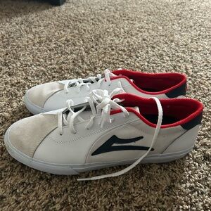 White and Red Sneakers with Black Logo